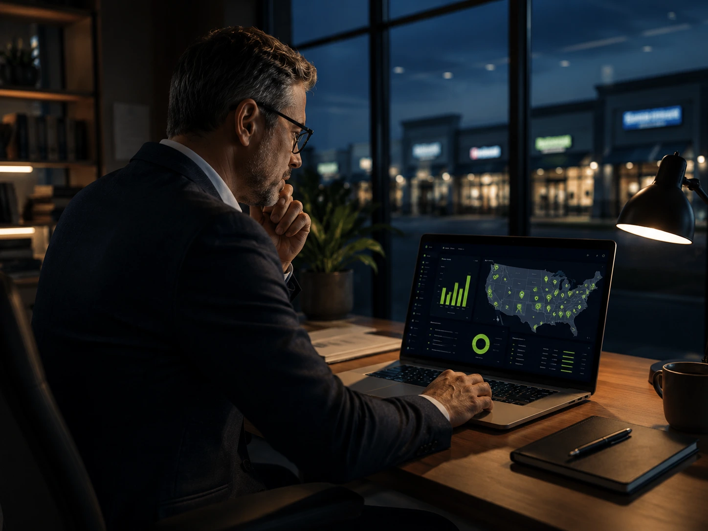 Franchise operator reviewing multi-location ecorgOS dashboard on laptop at desk