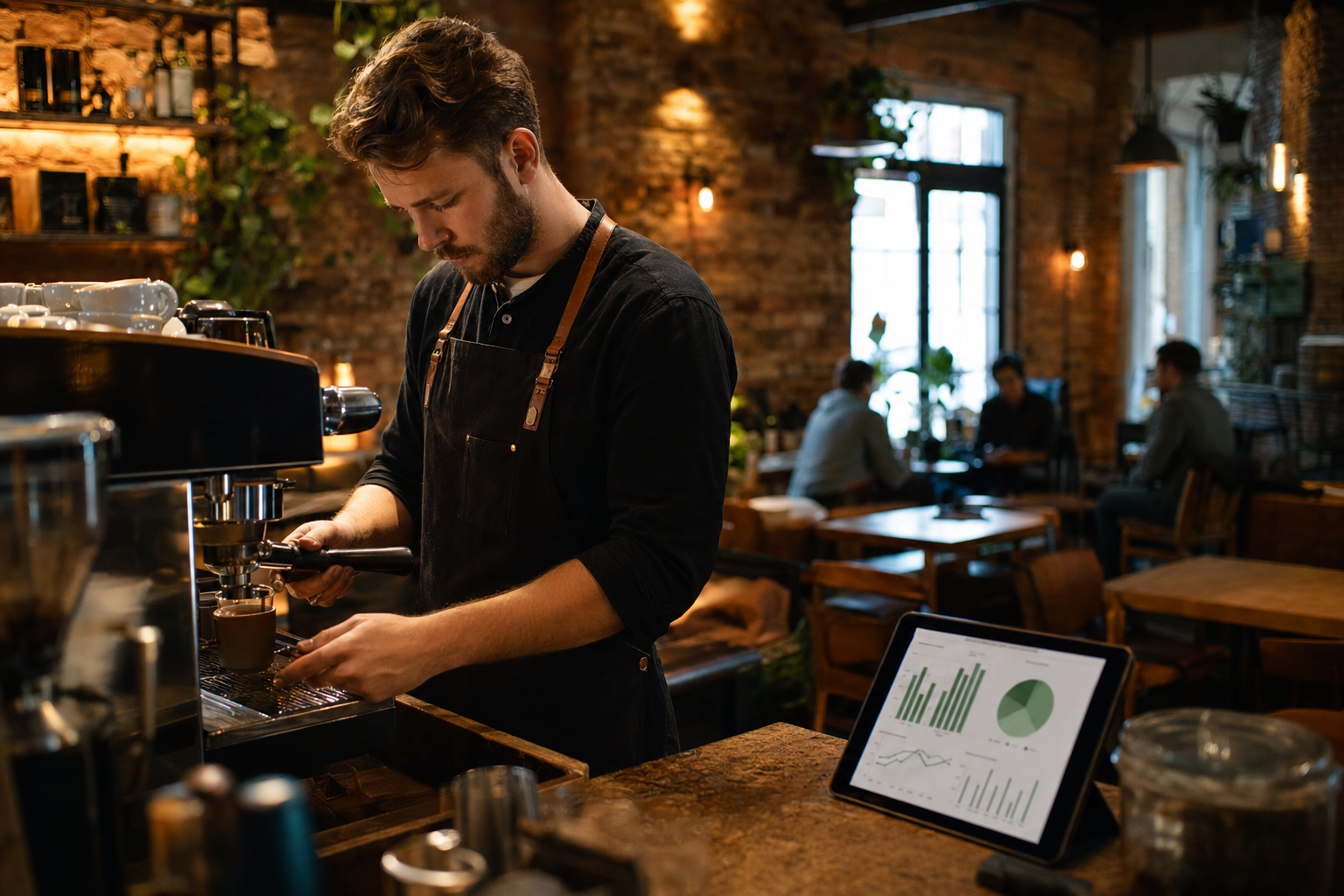 Barista in a modern café with analytics tablet on the counter