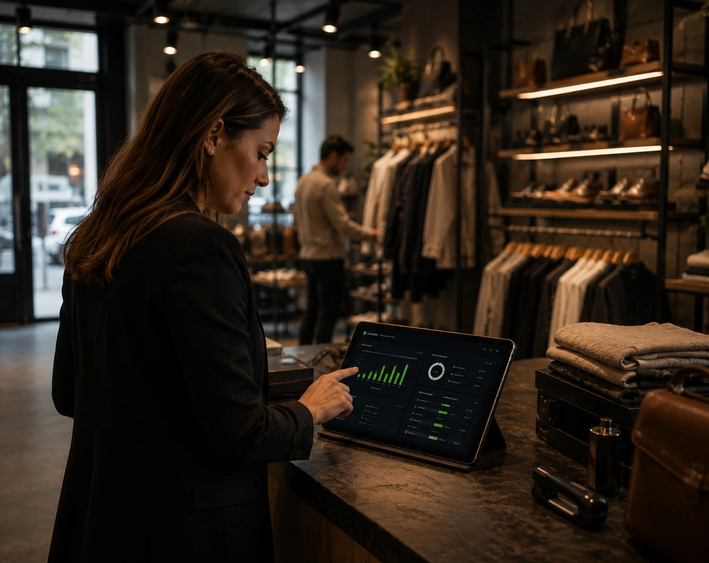 Retail store manager reviewing ecorgOS dashboard on tablet in boutique store